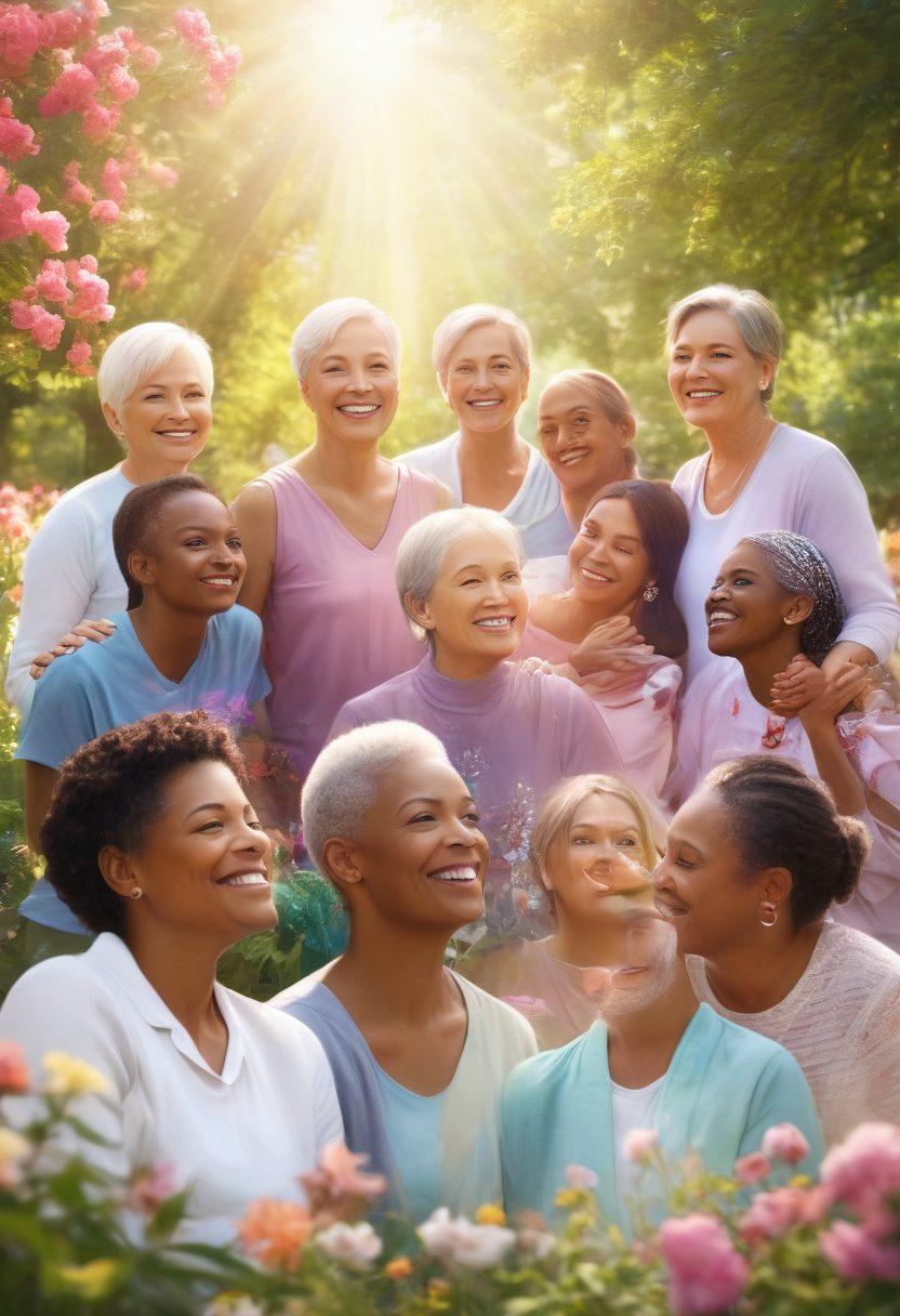 A serene and uplifting scene featuring a diverse group of cancer survivors, smiling and sharing stories in a bright, sunlit park, surrounded by blooming flowers and greenery. Include elements that symbolize hope and resilience, such as butterflies and rainbow-colored ribbons. Incorporate soft, warm lighting to evoke feelings of support and empowerment. super-realistic. vibrant colors. peaceful atmosphere.