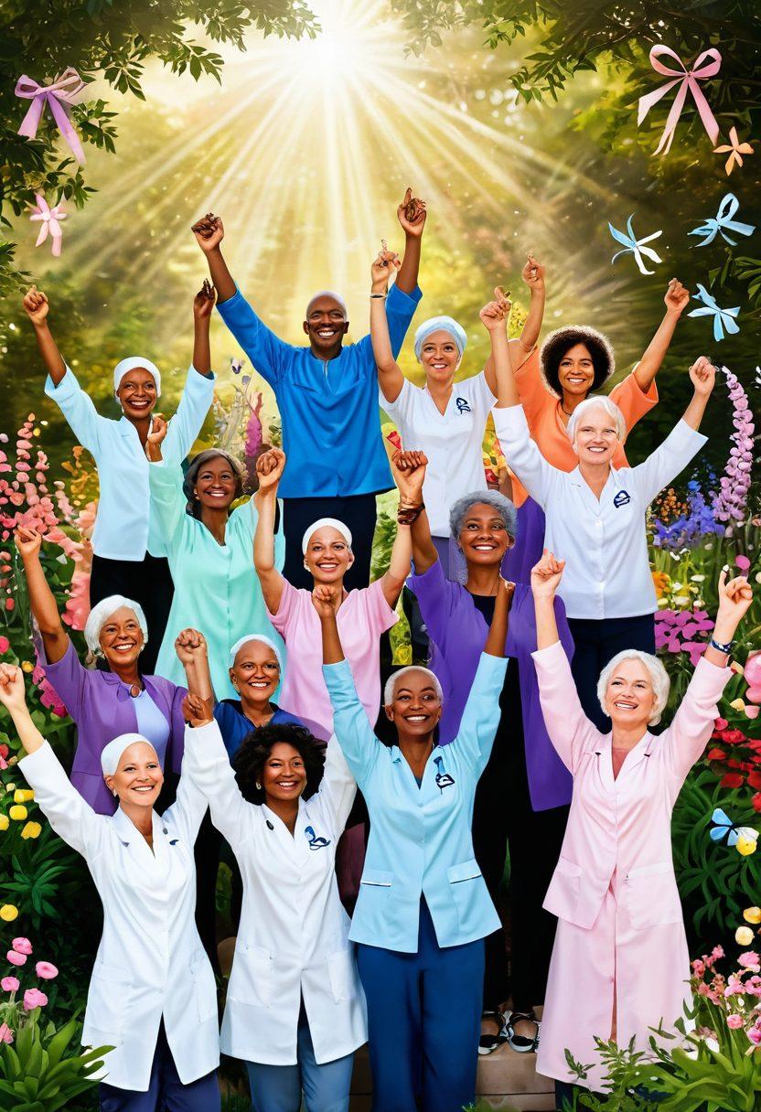 An inspirational scene depicting a diverse group of cancer survivors standing together with their arms raised in triumph, surrounded by symbols of hope like ribbons, flowers, and a glowing light. The background shows a lush garden representing growth and healing, interspersed with images of medical advances such as research labs and supportive care symbols. The overall mood is uplifting and empowering. vibrant colors. super-realistic.